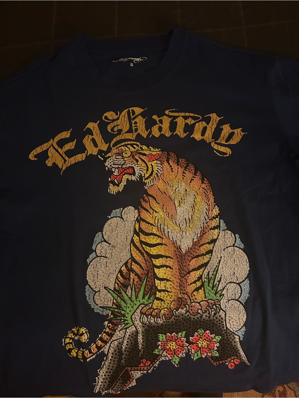 Ed Hardy Navy Tee with Yellow and Orange Tiger Graphic